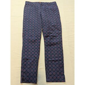 Medallion Print Ankle Pants Women 4 Navy Red Slim Stretch Cotton